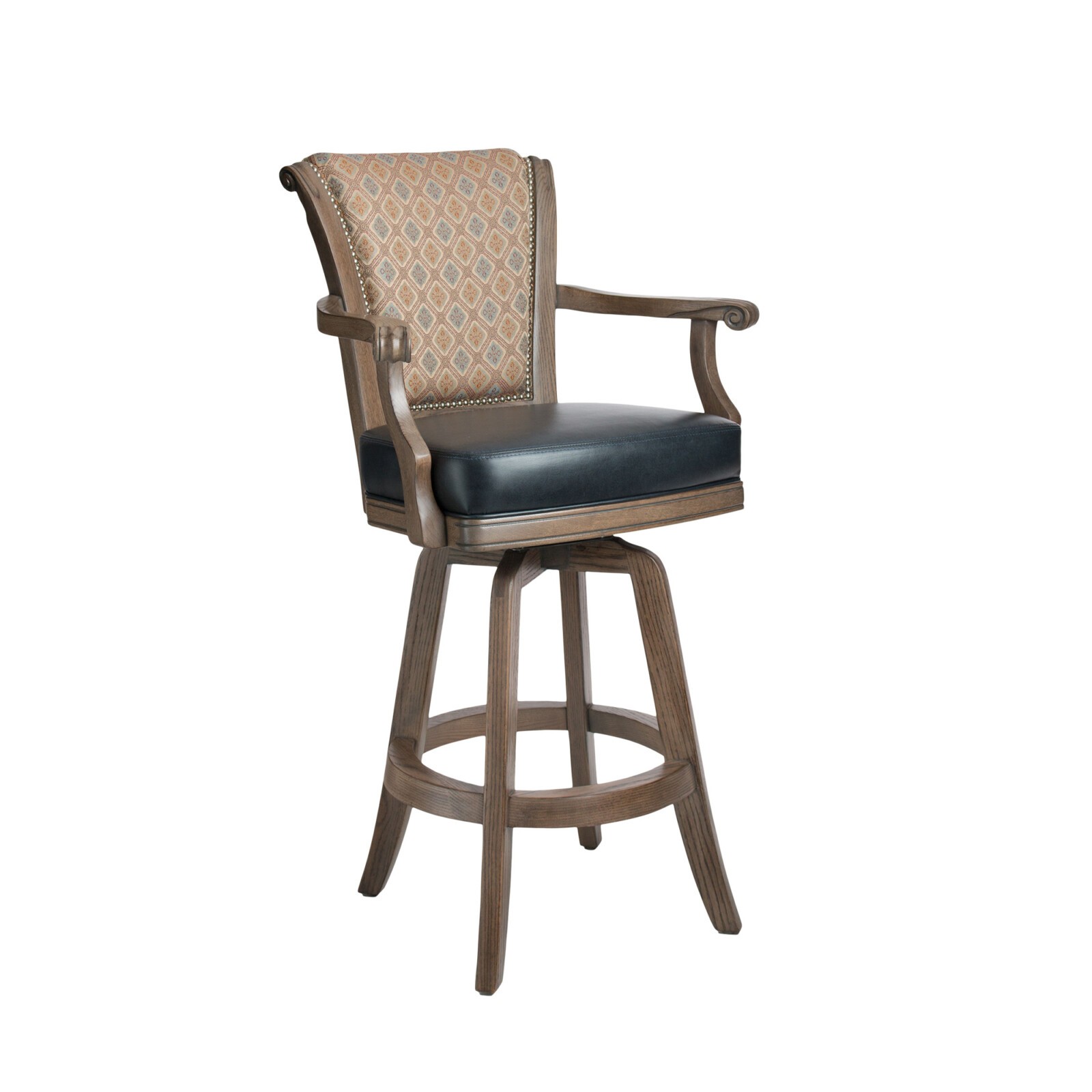 Shown In: Back Covering : Shelby Mocha Seat Covering Guanaco West Leather: • Oak Wood Finish: Rustic Pewter • Footplate Finish: Antique Brass Nail Head: Hammered Antique Brass
