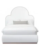 Marigold 1271 Upholstered Bed shown in Sun Bronze finish with Royal White Performance fabric front