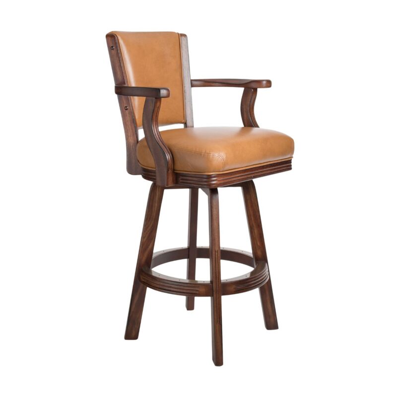Darafeev 660 Oak Upholstered Swivel Bar Stool with Arms, shown in Tobacco Oak Distressed with leather upholstery