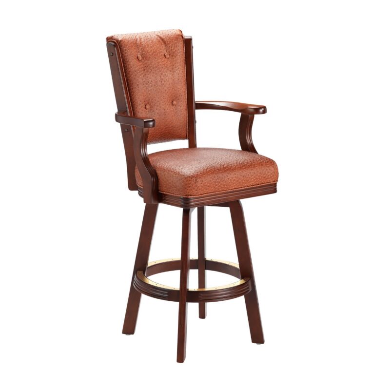 Darafeev 960 Maple Tufted High-Back Swivel Bar Stool with Arms, shown in shown in Cinnabar Cherry maple with clay upholstery