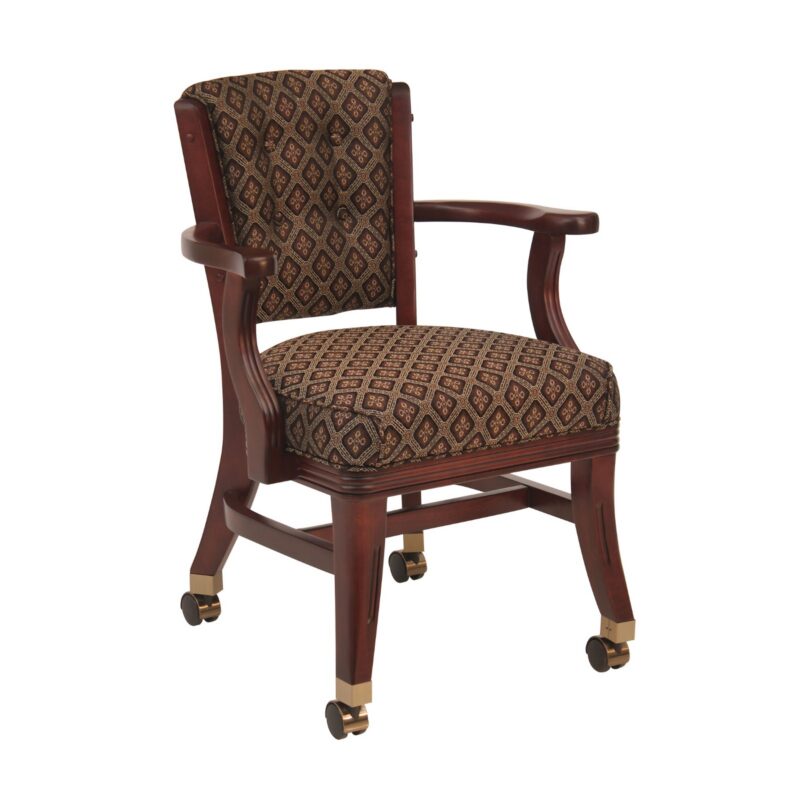 Darafeev 960 Maple Tufted Upholstered Dining Chair with Arms and Casters, shown in Traditional Cherry maple with antique brass caster caps