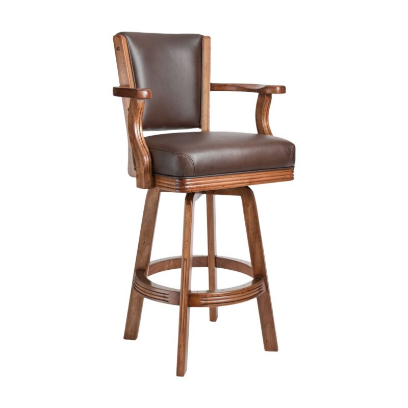 Darafeev 960 Maple Upholstered Swivel Bar Stool with Arms, shown in Sorrel Maple Distressed with leather upholstery