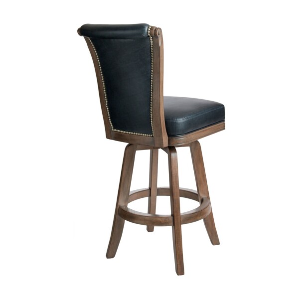 Darafeev Classic maple Flexback upholstered swivel bar stool with nailhead trim, angled view, included in the Del Mar set