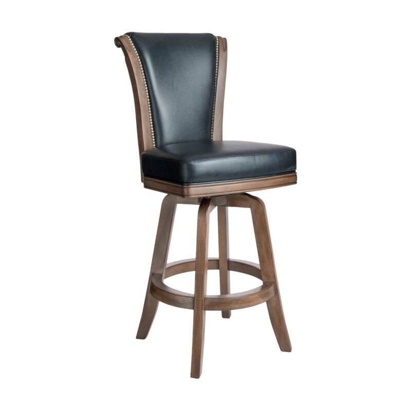 Darafeev Classic Maple Flexback Upholstered Swivel Bar Stool CLC-F, shown in Rustic Pewter Maple with Guanaco Granite leather and nailhead trim