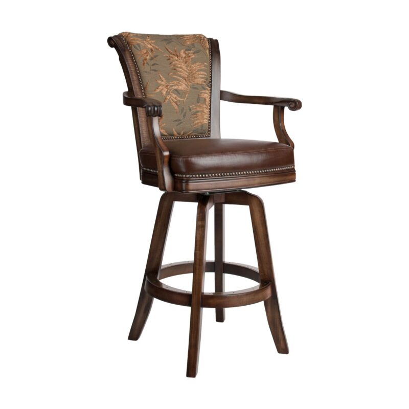 Darafeev Classic Maple Upholstered Swivel Bar Stool with Arms CLC, shown in Old English Maple Distressed with leather seat and nailhead trim