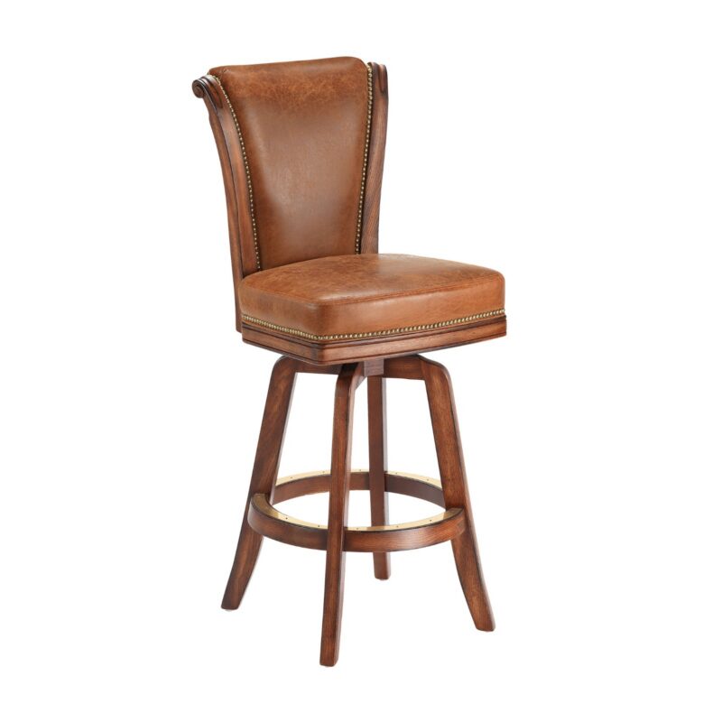 Darafeev Classic Oak Flexback Upholstered Swivel Bar Stool CLO-F, shown in Tobacco Oak Distressed with leather upholstery and nailhead trim