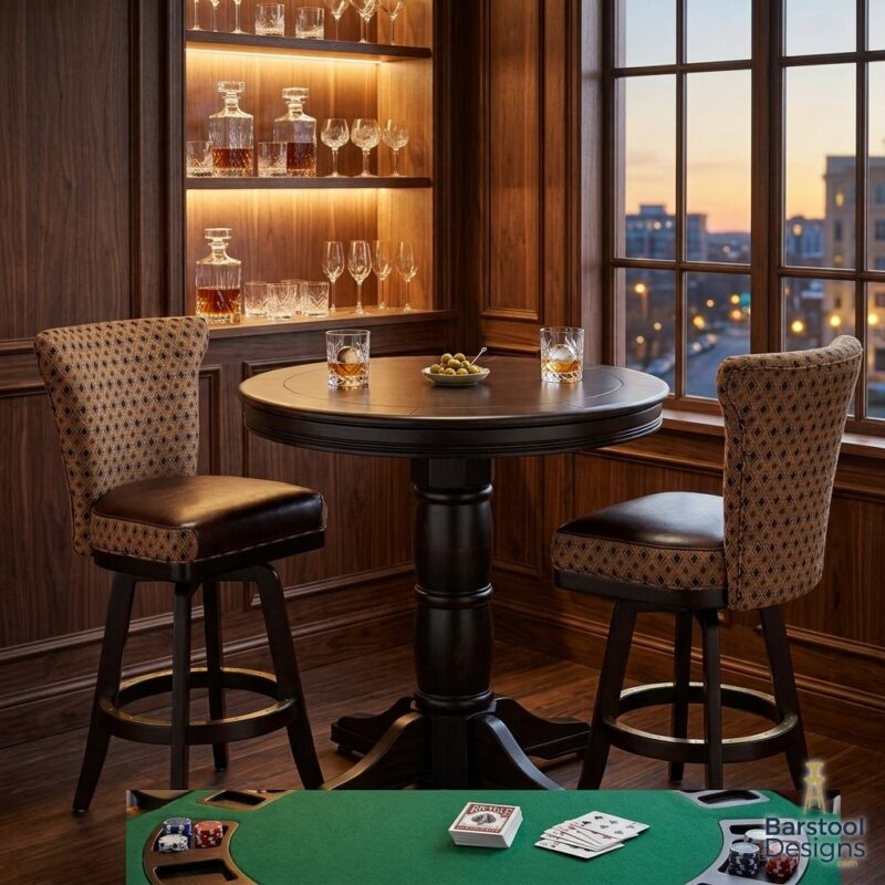 Darafeev Balboa pub table set with Balboa round pub table and two Dara Flexback swivel bar stools in a home bar