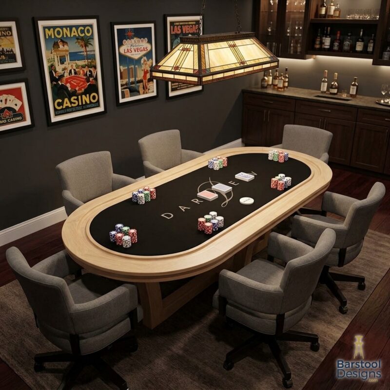 Darafeev Encore oval Texas Hold'em poker table with six Mod game chairs on casters in a home game room