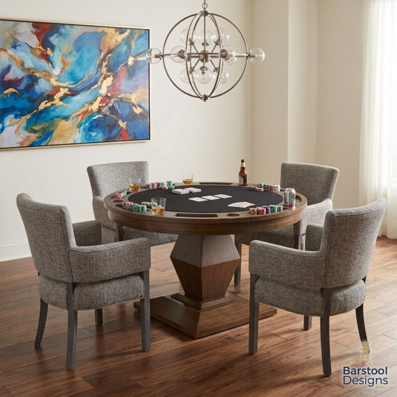 Darafeev Euclid round convertible poker dining table, felt side up, with four Mod upholstered dining armchairs in a contemporary dining room