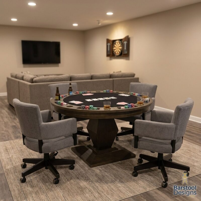 Darafeev Euclid round convertible poker table with four Mod game chairs on casters in a basement game room