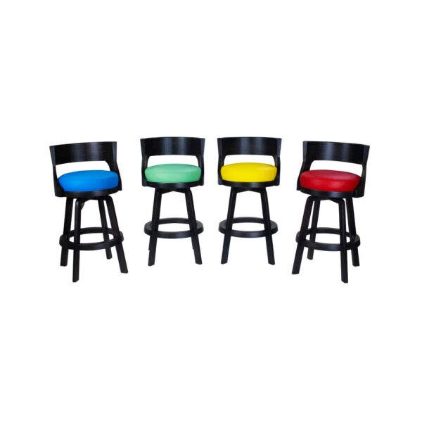 Darafeev Gen Maple Low-Back Swivel Bar Stools in Matte Charcoal maple with blue, green, yellow and red vinyl seats