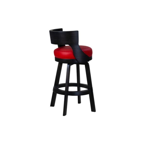 Darafeev Gen Maple Low-Back Swivel Bar Stool in Matte Charcoal maple with red vinyl seat, back view