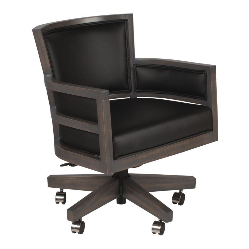 Darafeev Metra Maple Adjustable Swivel Game Chair with Arms and Casters, shown in Matte Smoke maple with black leather and chrome caster caps