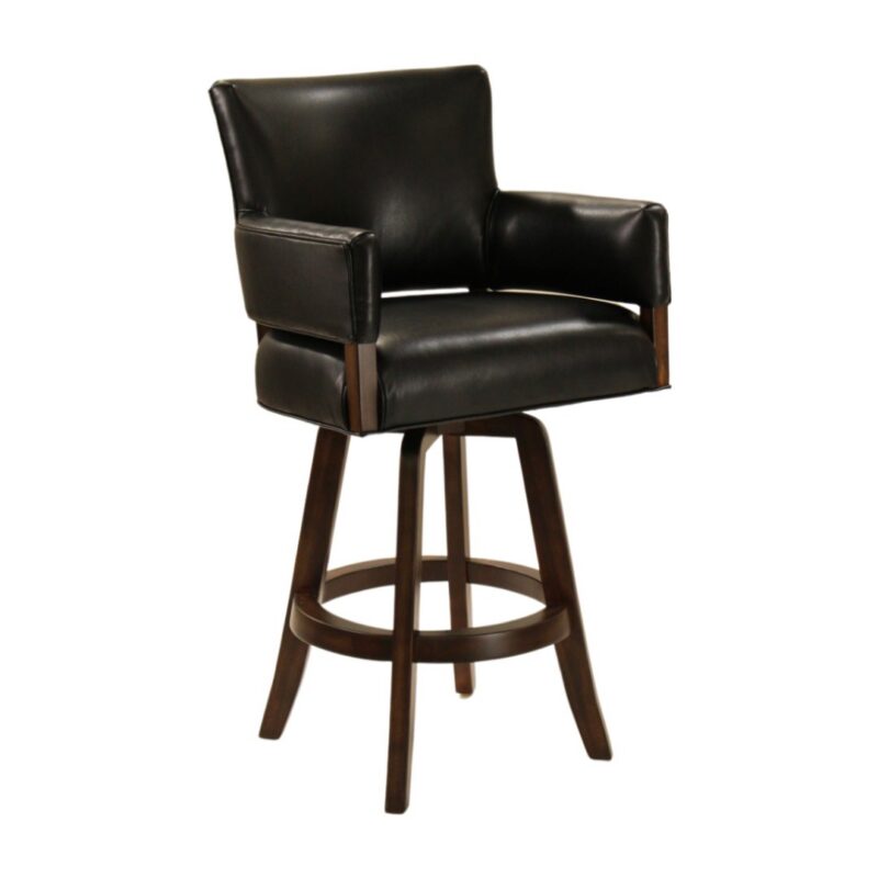 Darafeev Mod Maple Upholstered Swivel Bar Stool with Arms, shown in shown in Old English maple with black leather