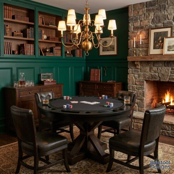 Darafeev Trestle round convertible poker dining table, felt side up, with four armless dining chairs in a traditional room with a stone fireplace