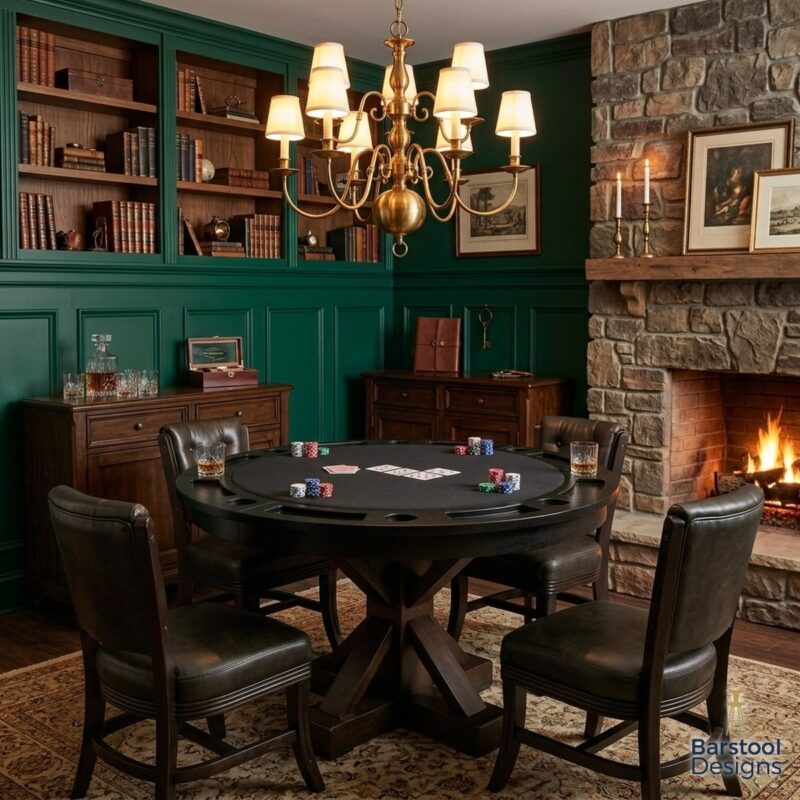 Darafeev Trestle round convertible poker dining table, felt side up, with four armless dining chairs in a traditional room with a stone fireplace