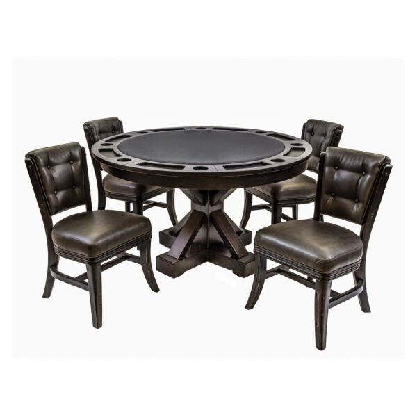 Darafeev Trestle round convertible poker dining table with four armless 960 tufted dining chairs