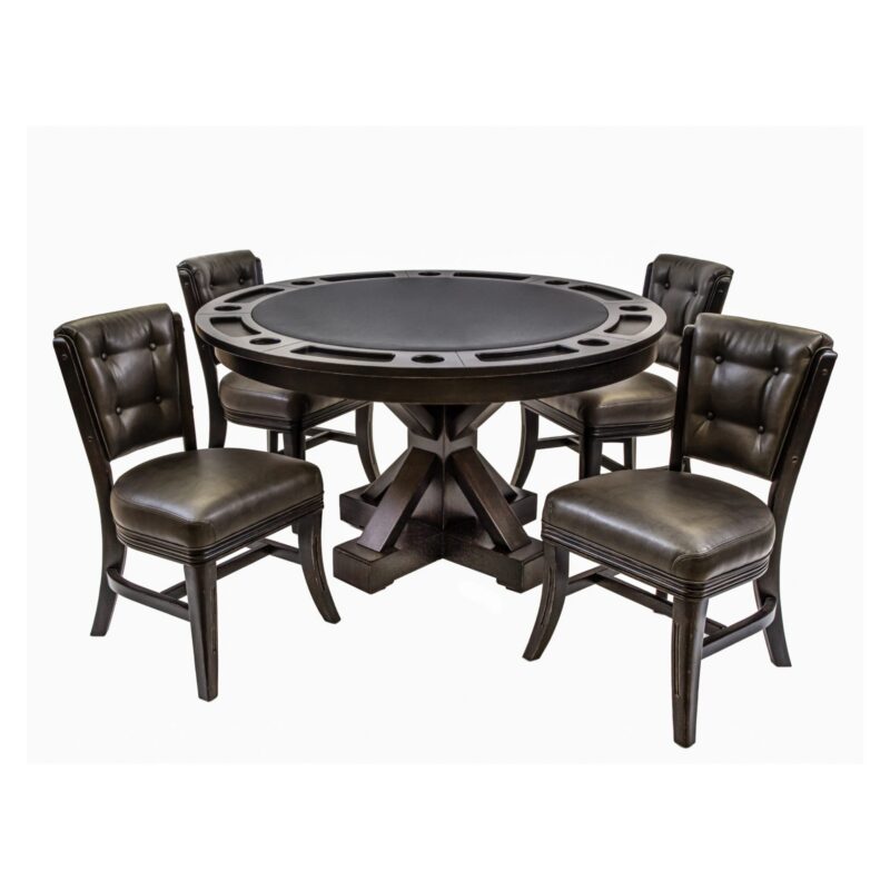 Darafeev Trestle round convertible poker dining table with four armless 960 tufted dining chairs