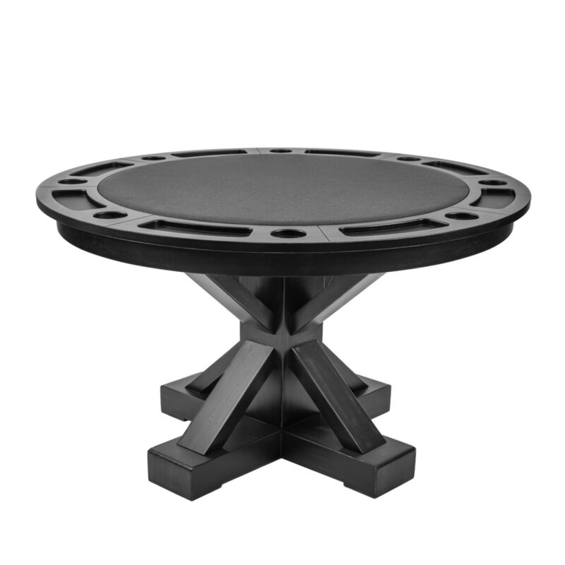 Darafeev Trestle Round Convertible Poker Dining Table, shown in Rustic Graphite maple with charcoal felt