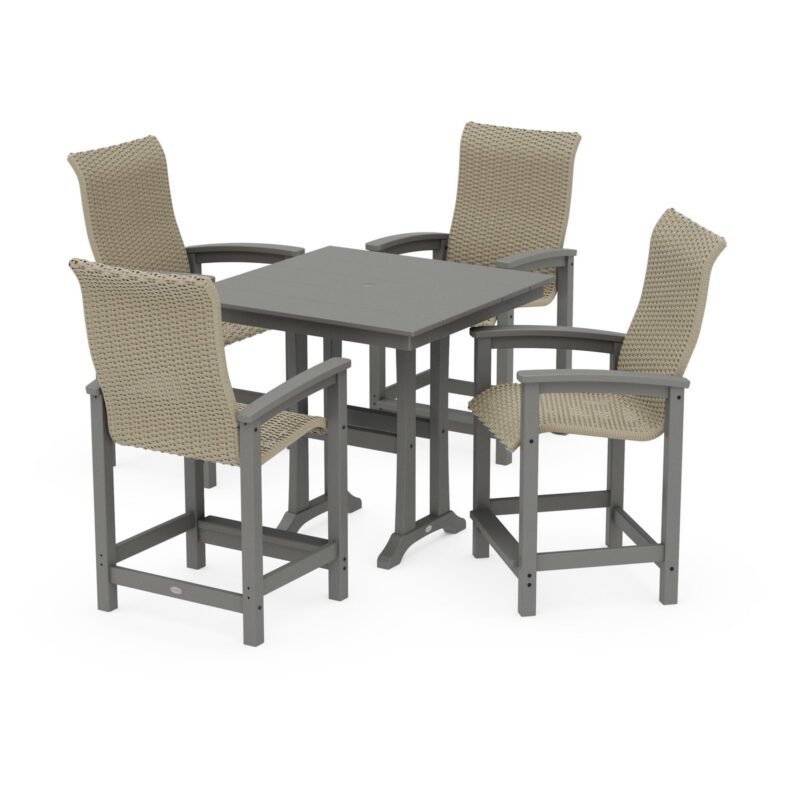 POLYWOOD Coastal Woven High-Back 5-Piece Farmhouse Counter Set with Trestle Legs