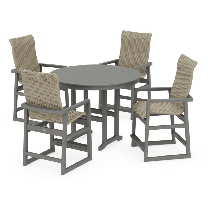 POLYWOOD EDGE Woven Highback 5-Piece Round Farmhouse Counter Set