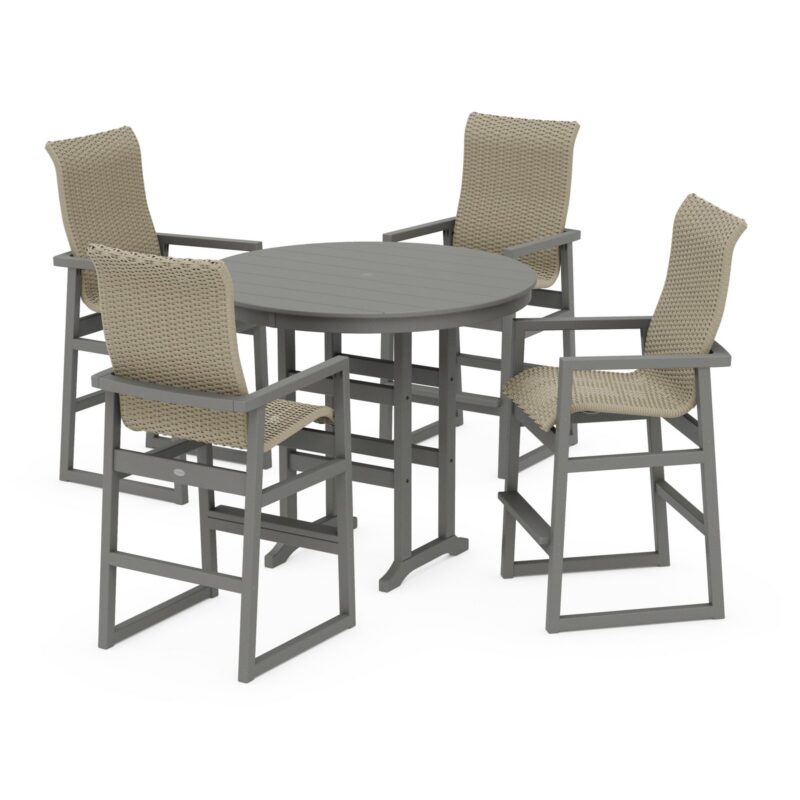 POLYWOOD EDGE Woven Highback 5-Piece Round Farmhouse Bar Set