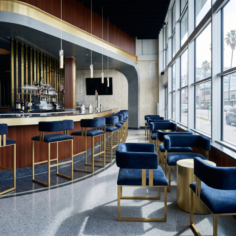 Wesley Allen Gable bar stools and dining chairs in a restaurant bar