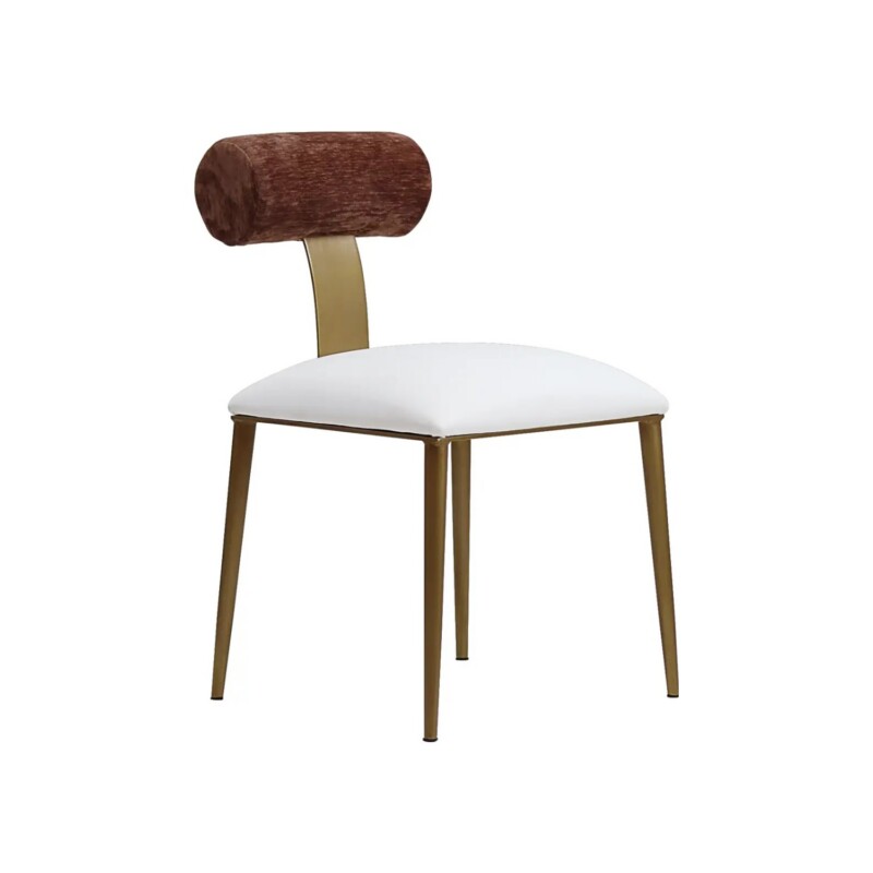 Wesley Allen Luca dining chair in Opaque Gold with Aspen Pure White vinyl seat and Forest Oak fabric back
