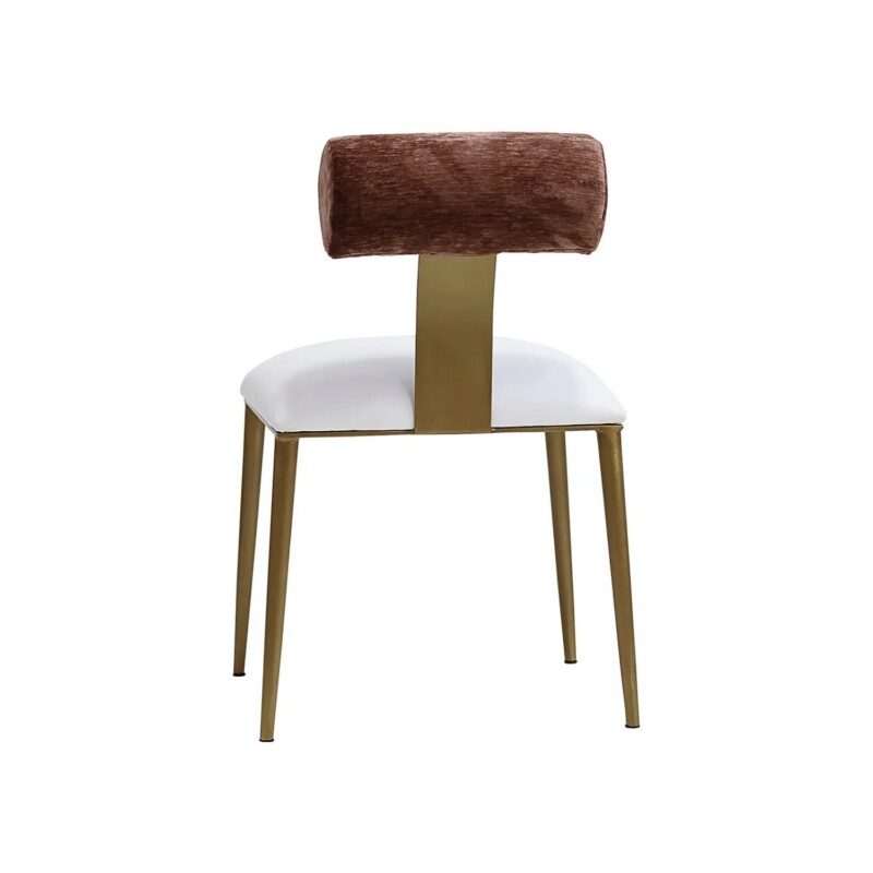 Wesley Allen Luca dining chair in Opaque Gold with Aspen Pure White vinyl seat and Forest Oak fabric back view 2