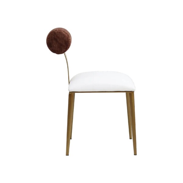 Wesley Allen Luca dining chair in Opaque Gold with Aspen Pure White vinyl seat and Forest Oak fabric back view 3