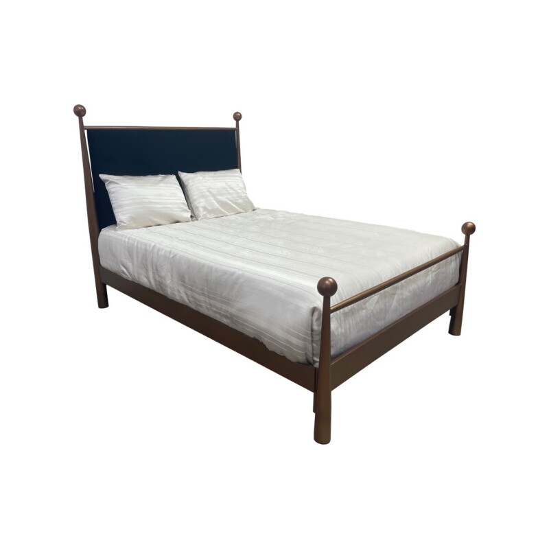Wesley Allen Olympus upholstered iron bed in Opaque Copper with Black Velvet headboard