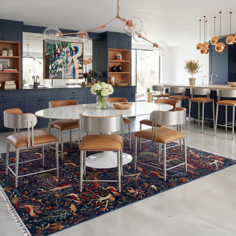 Wesley Allen Sinclair bar stools and dining chairs in a kitchen